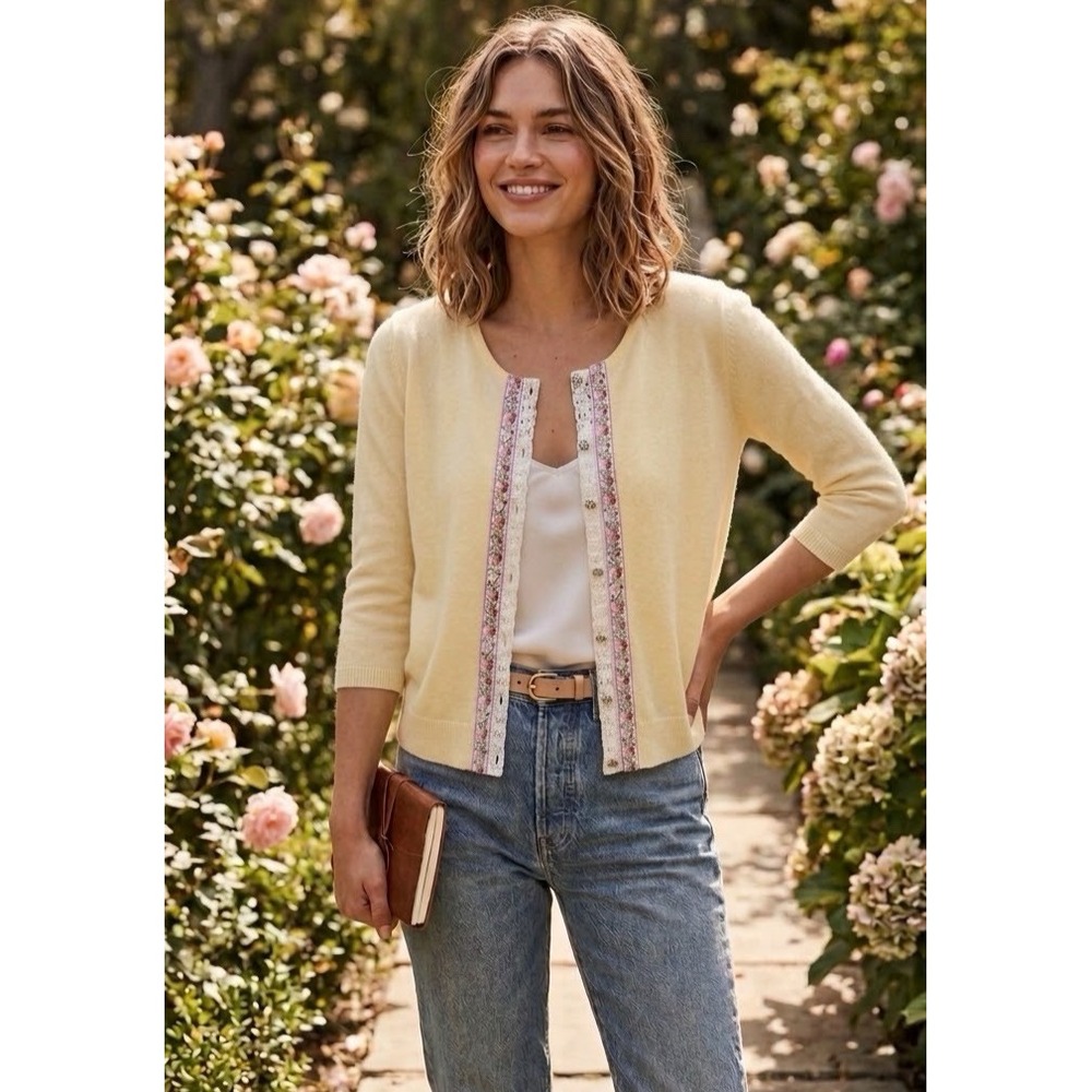 Free People Yellow Floral Embroidered Crochet Knit Cardigan Sweater Size XS